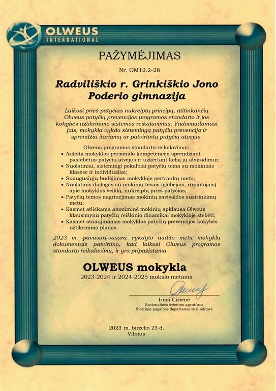 Olweus pažymėjimas Radviliškio r. Grinkiškio Jono Poderio gimnazija page 0001